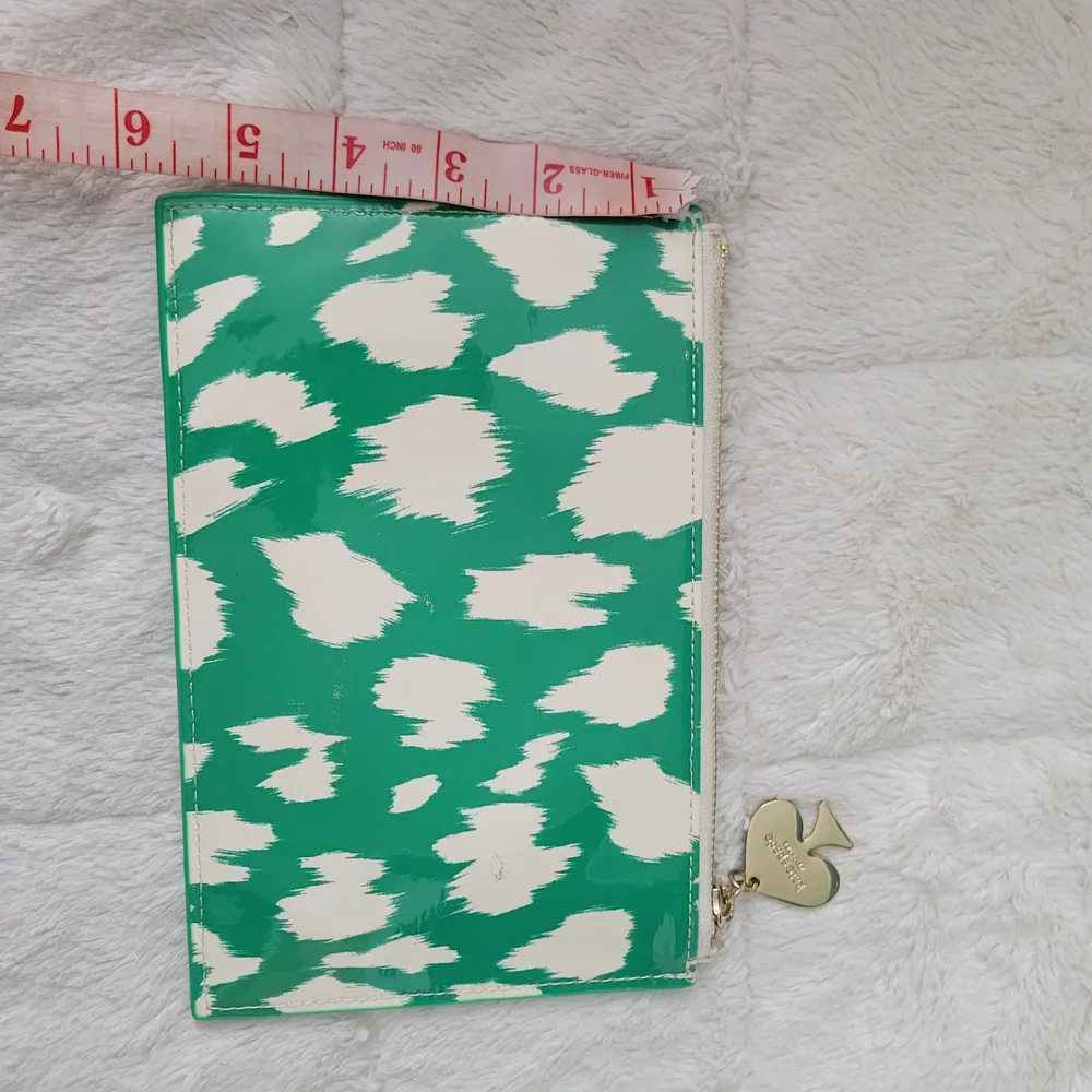 Kate Spade Green and White Geometric Pattern Make-up Pouch Bag Gold Hardware